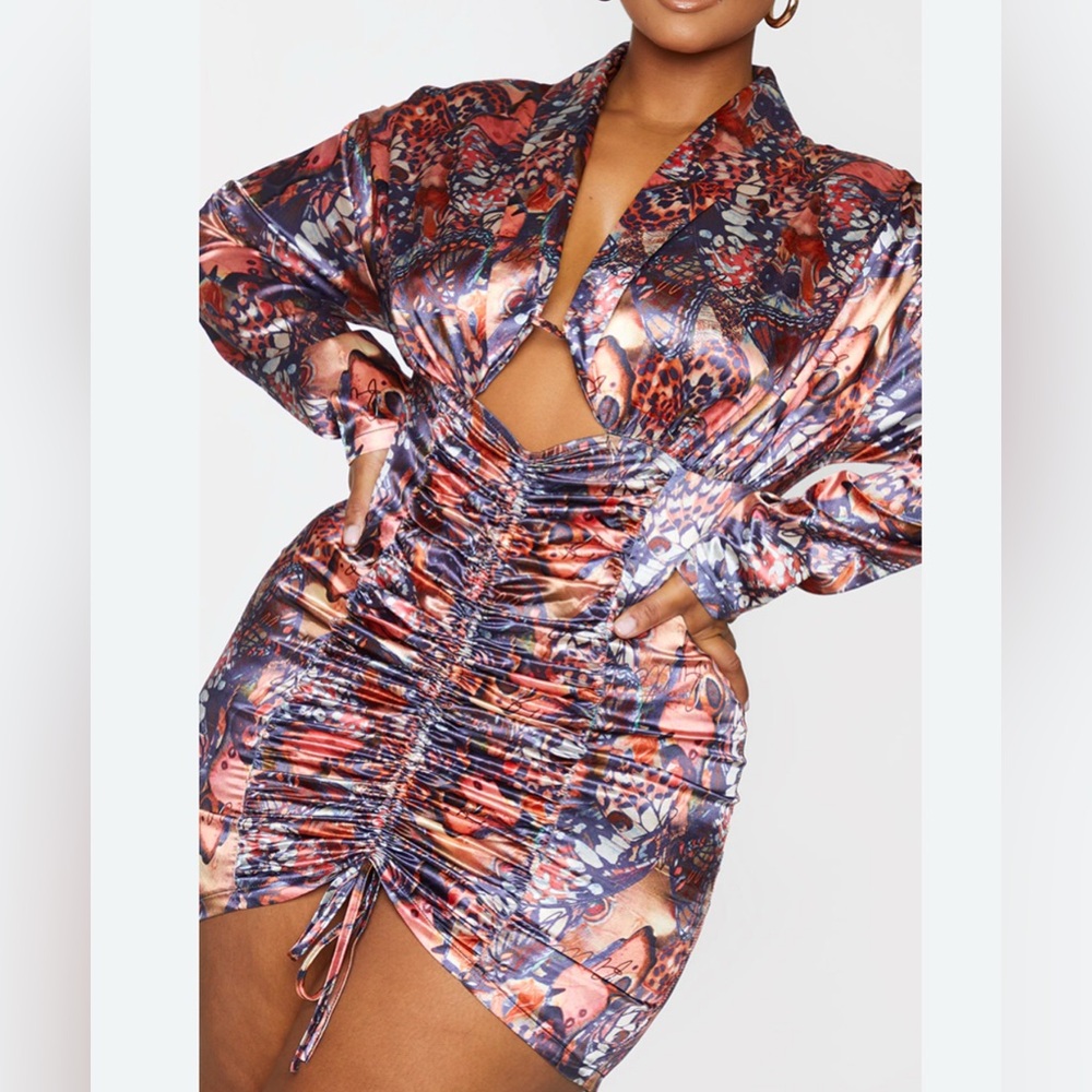 butterfly ruched satin print dress